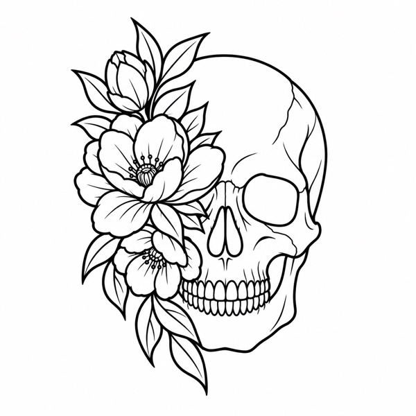 Floral skull as clean outline artwork